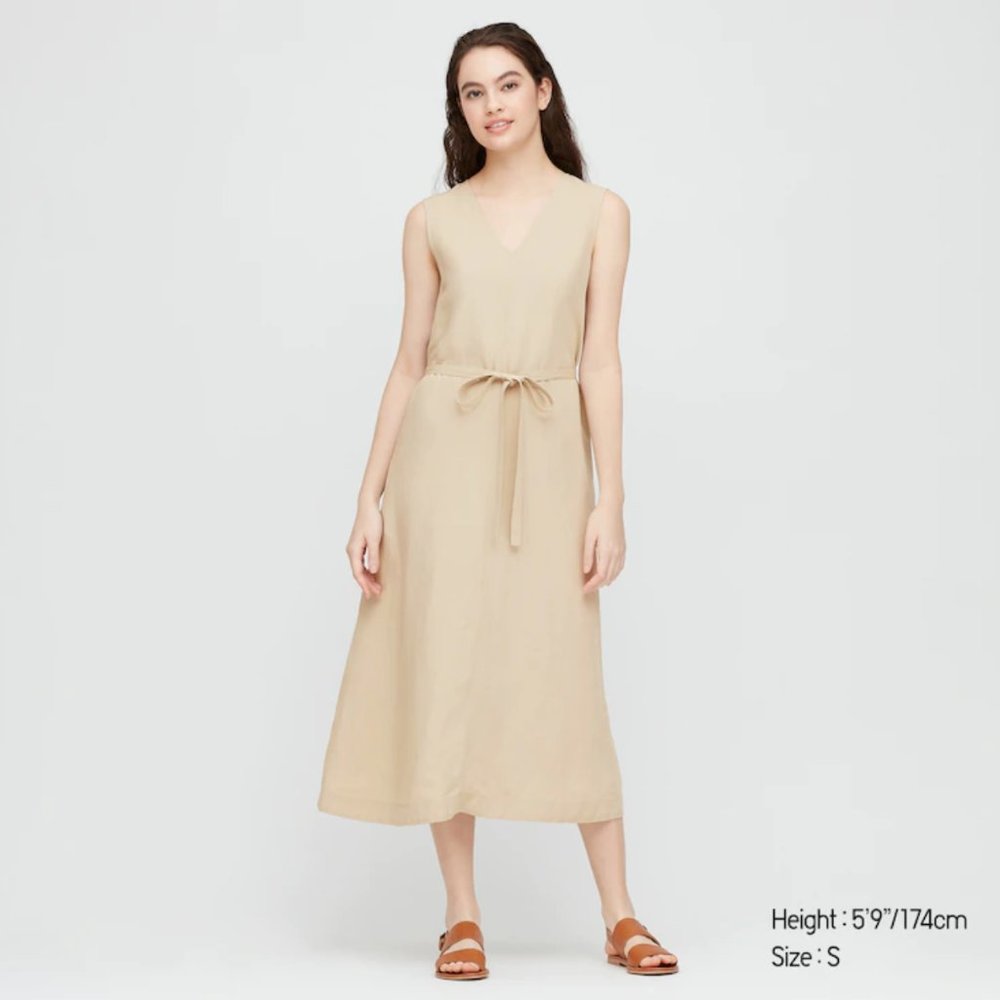 Uniqlo v-neck linen blend a-line sleeveless midi dress